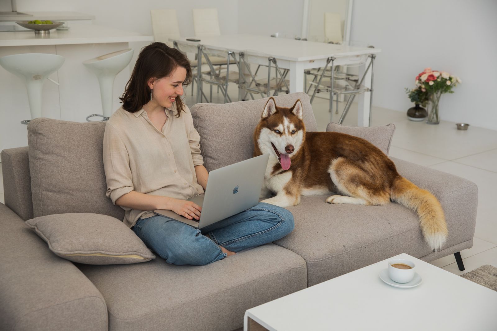 Kvinna i soffan använder laptop och ler mot sin siberian husky